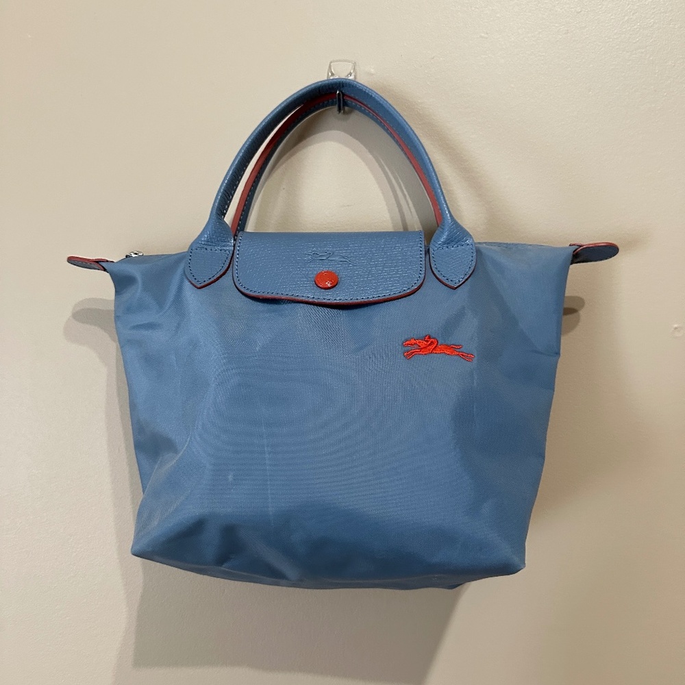 Longchamp Small Le Pliage top handle handbag in Blue with Red Trim